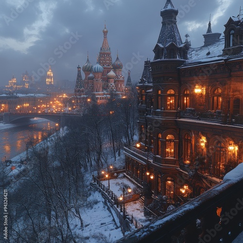 The St. Basils Cathedral in Moscow bird's-eye view on a snowy winter night, evening