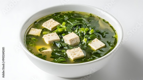 light green vegetable tofu soup. A delicious bowl of green soup featuring tofu and fresh greens, perfect for healthy meal options. 