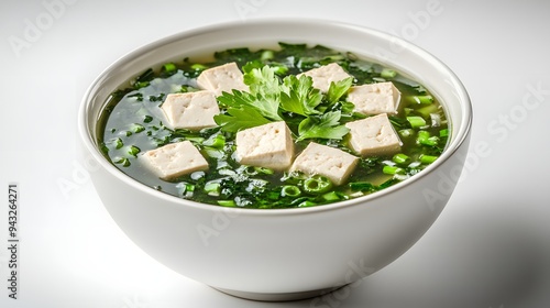 light green vegetable tofu soup. A fragrant bowl of delicious tofu soup garnished with fresh herbs and green onions, perfect for showcasing healthy cu