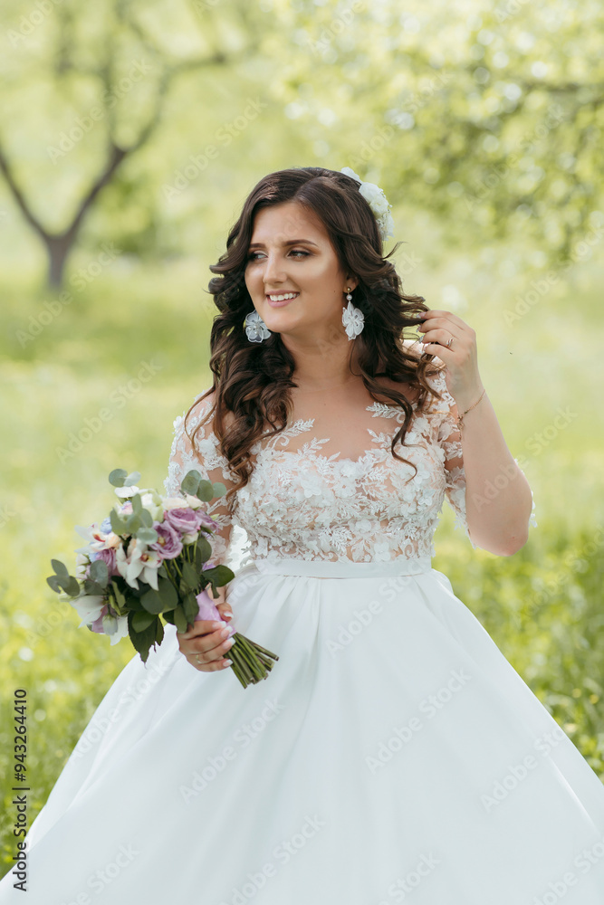 A woman in a white dress is holding a bouquet of flowers. She is smiling and she is happy. Concept of joy and celebration, as the woman is likely attending a special event A woman in a white dress is holding a bouquet of flowers. She is smiling and she is happy. Concept of joy and celebration, as the woman is likely attending a special event
