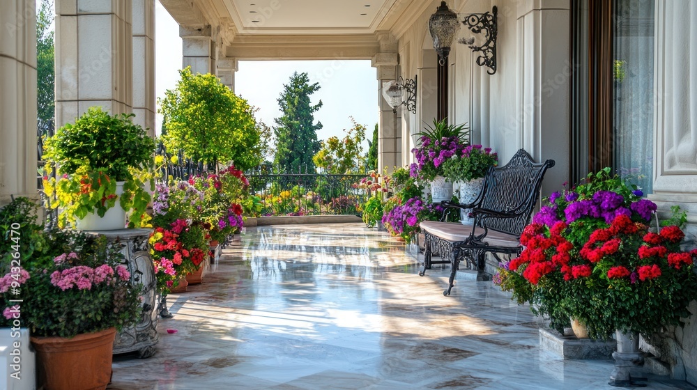 Fototapeta premium Elegant Porch With Lush Greenery and Ornate Details