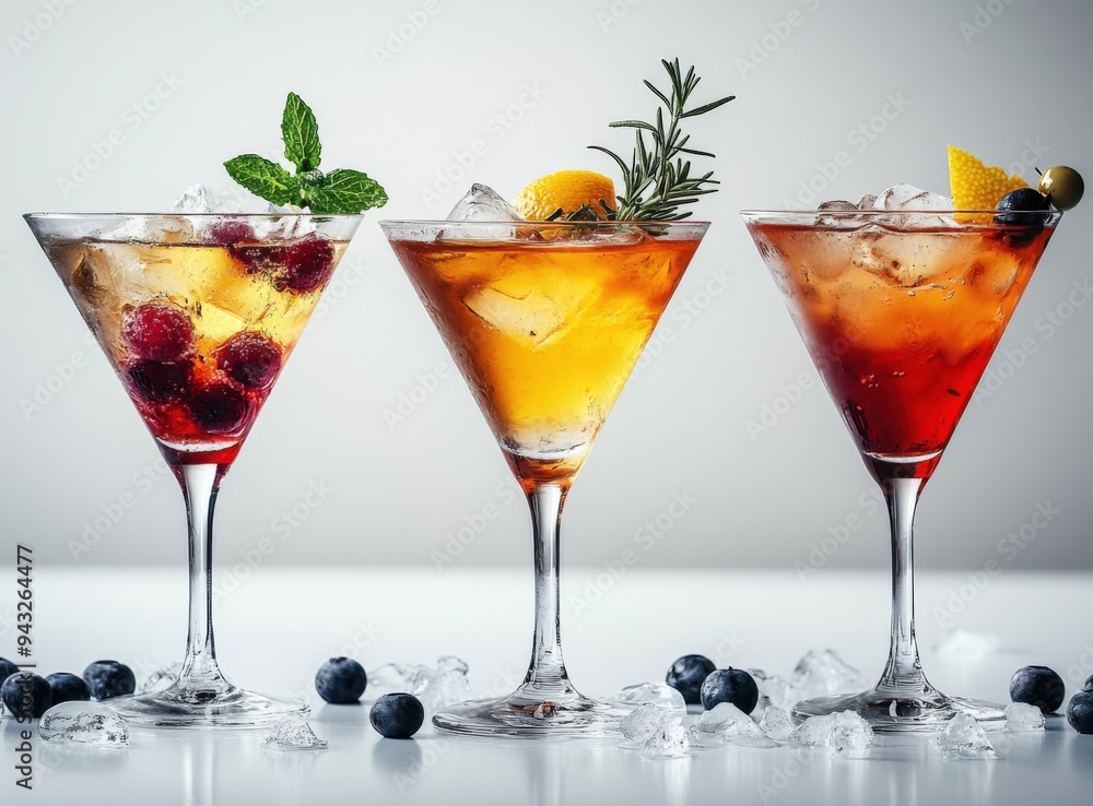 Cocktails of different colors, with transparent ice and with berries decoration on the edge of martini glasses Cocktails of different colors, with transparent ice and with berries decoration on the edge of martini glasses