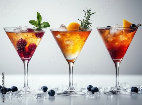 Wallpaper Mural Cocktails of different colors, with transparent ice and with berries decoration on the edge of martini glasses Torontodigital.ca