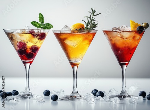 Wallpaper Mural Cocktails of different colors, with transparent ice and with berries decoration on the edge of martini glasses Torontodigital.ca