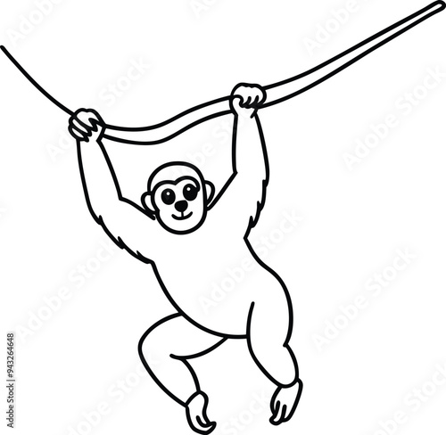 Cute gibbon swinging on branches with long arms ideal for a kids coloring book
