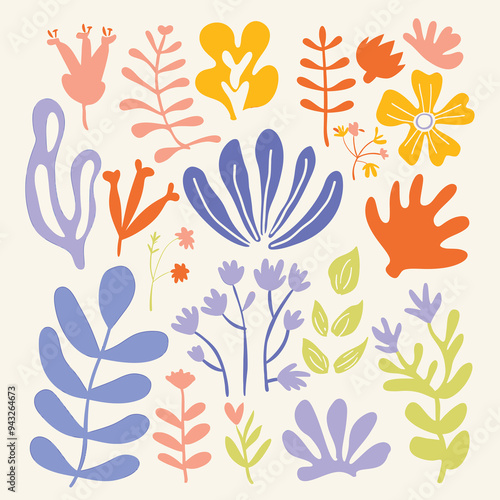 Groovy abstract flower art set. Organic doodle shapes in trendy naive retro . Floral botanical vector illustration .