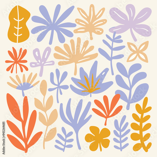 Groovy abstract flower art set. Organic doodle shapes in trendy naive retro . Floral botanical vector illustration .