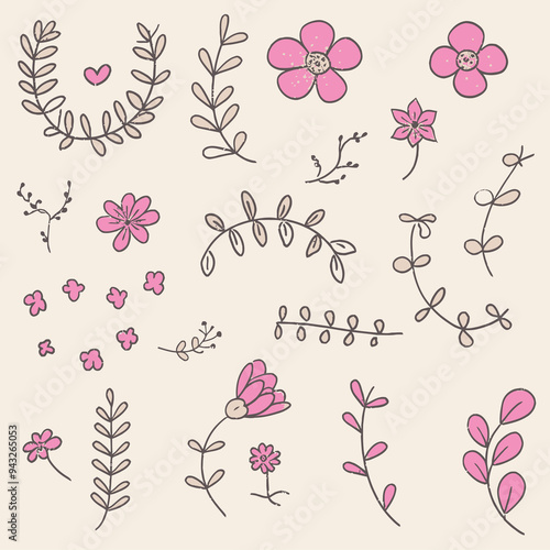 Flower doodle hand drawn line stroke. Sketch hand drawn spring floral plant, nature graphic leaf. Vector simple flower, leaf brush stroke. Vector illustration .