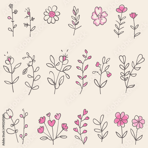 Flower doodle hand drawn line stroke. Sketch hand drawn spring floral plant, nature graphic leaf. Vector simple flower, leaf brush stroke. Vector illustration .