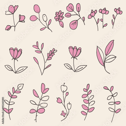 Flower doodle hand drawn line stroke. Sketch hand drawn spring floral plant, nature graphic leaf. Vector simple flower, leaf brush stroke. Vector illustration .
