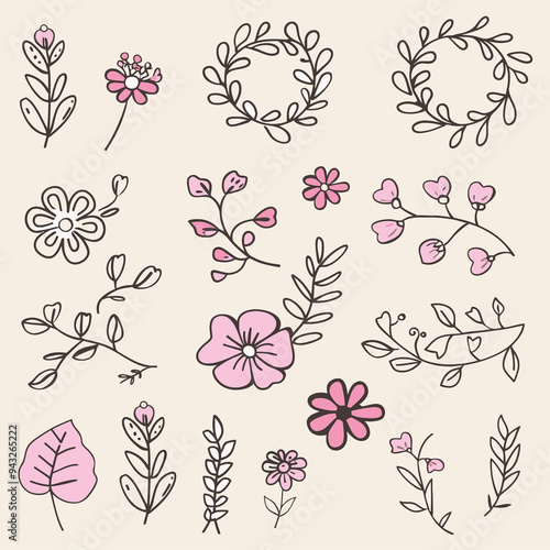 Flower doodle hand drawn line stroke. Sketch hand drawn spring floral plant, nature graphic leaf. Vector simple flower, leaf brush stroke. Vector illustration .