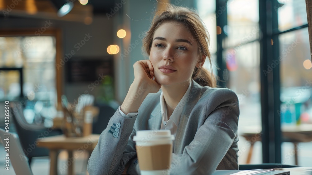 Thoughtful businesswoman at a coffee shop, planning her day Thoughtful businesswoman at a coffee shop, planning her day