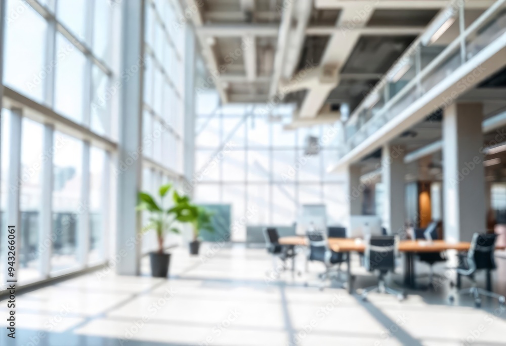 Beautiful blurred background of a light modern office interior with panoramic windows and beautiful lighting, ai Beautiful blurred background of a light modern office interior with panoramic windows and beautiful lighting, ai