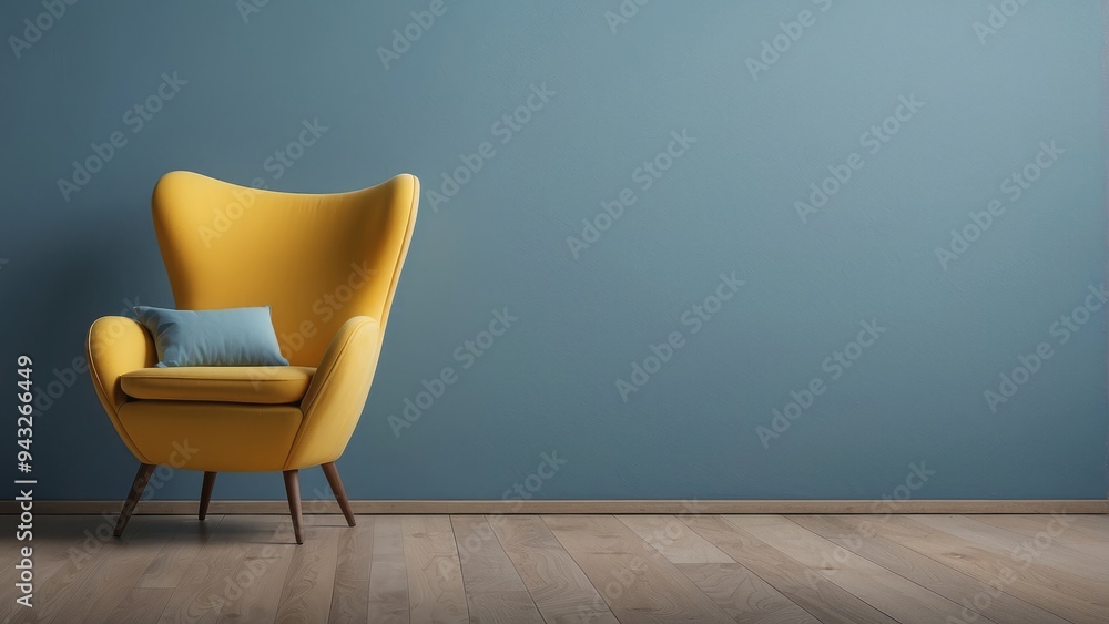 Yellow Armchair with Blue Pillow Against a Blue Wall Yellow Armchair with Blue Pillow Against a Blue Wall