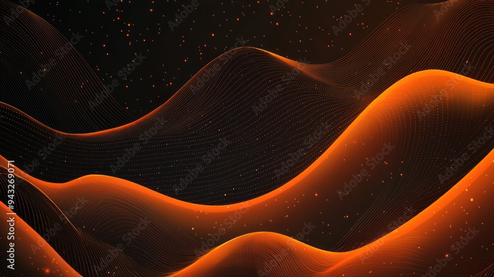 Glowing orange digital waves in a dark starry abstract landscape Generative AI
