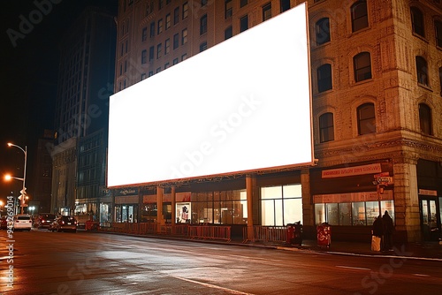 Night cityscape with empty lit billboard on building photo