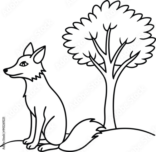 Easy line art of a coyote sitting with its tail perfect for kids to color engage their creativity and imagination
 photo