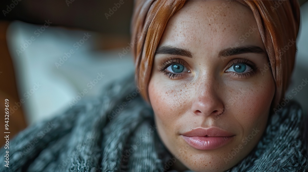 Close-up portrait of a woman with blue eyes, wearing a headscarf and a knitted scarf, looking directly at the camera. Close-up portrait of a woman with blue eyes, wearing a headscarf and a knitted scarf, looking directly at the camera.