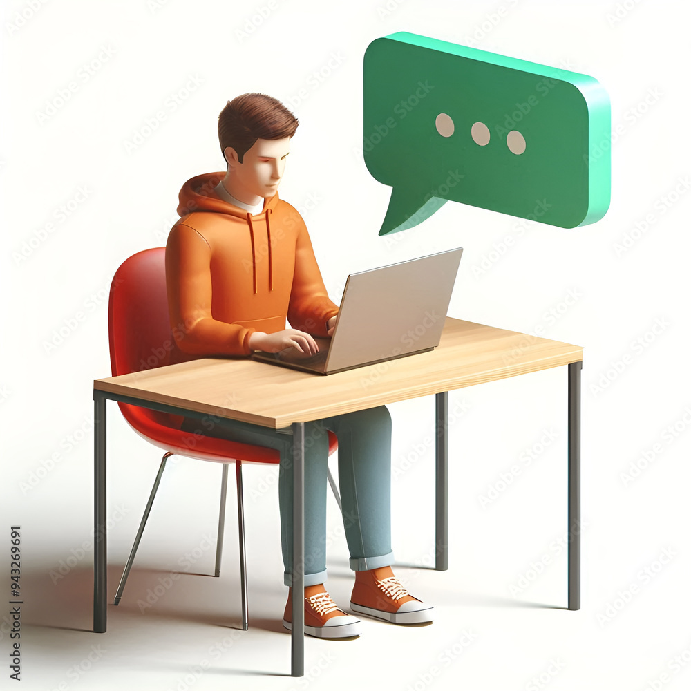 3D illustration of boys sitting at a desk with a laptop 3D illustration of boys sitting at a desk with a laptop
