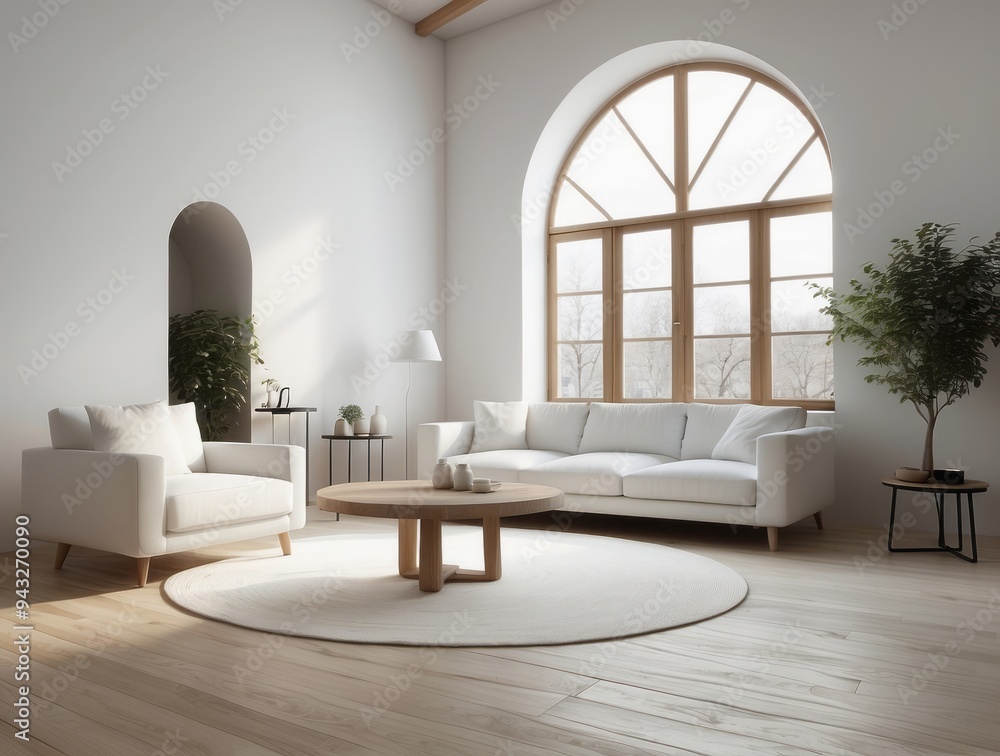 Fototapeta premium Minimalist Living Room with White Sofa and Arched Windows