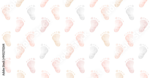 Cute Watercolor Little Footprints. Simple Seamless Pattern with Pastel Pink, Light Gray and Beige Baby Feet, Painted on a White Background. Trendy Baby Shower Repeatable Pattern Ideal for Fabric. 