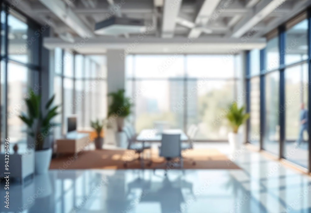 Beautiful blurred background of a light modern office interior with panoramic windows and beautiful lighting, ai Beautiful blurred background of a light modern office interior with panoramic windows and beautiful lighting, ai