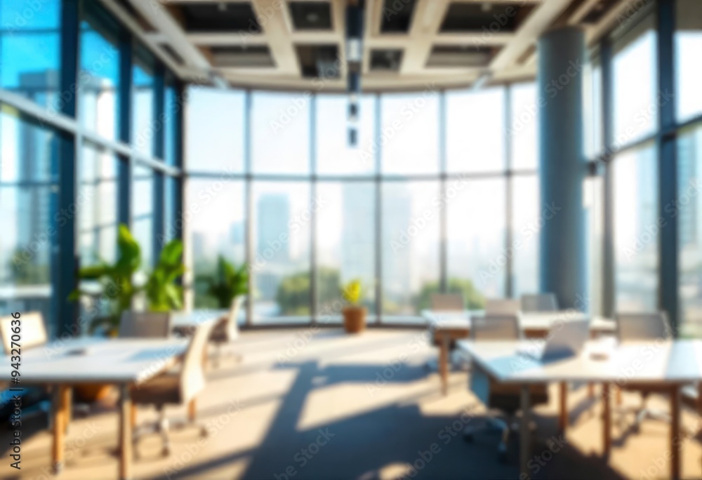 Beautiful blurred background of a light modern office interior with panoramic windows and beautiful lighting, ai Beautiful blurred background of a light modern office interior with panoramic windows and beautiful lighting, ai