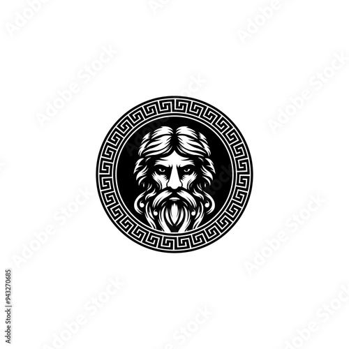 vector illustration logo  of head of god zeus in ancient greek pattern frame
