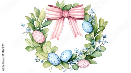 Fototapeta Naklejka Na Ścianę i Meble -  Watercolor Easter wreath featuring a hand drawn realistic design with green leaves a striped pink bow small blue flowers and decorative eggs on a white background