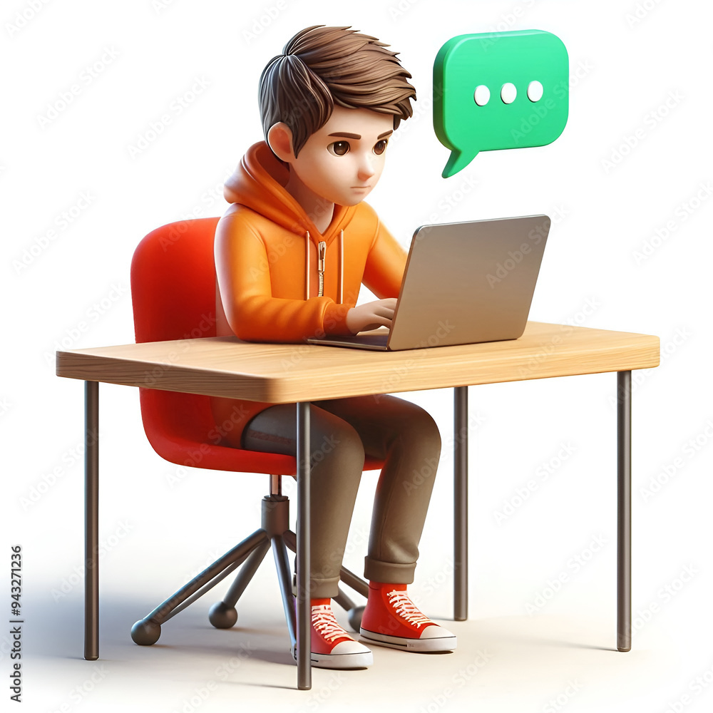 3D illustration of boys sitting at a desk with a laptop 3D illustration of boys sitting at a desk with a laptop