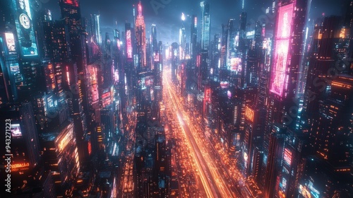 Wallpaper Mural A vibrant city skyline at night, showcasing towering buildings adorned with neon lights and a bustling highway below. Torontodigital.ca