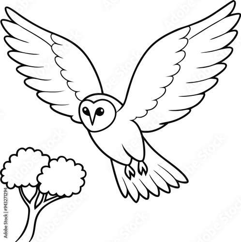 Simple and fun flying owl line art illustration designed for kids' coloring books and creative activities 