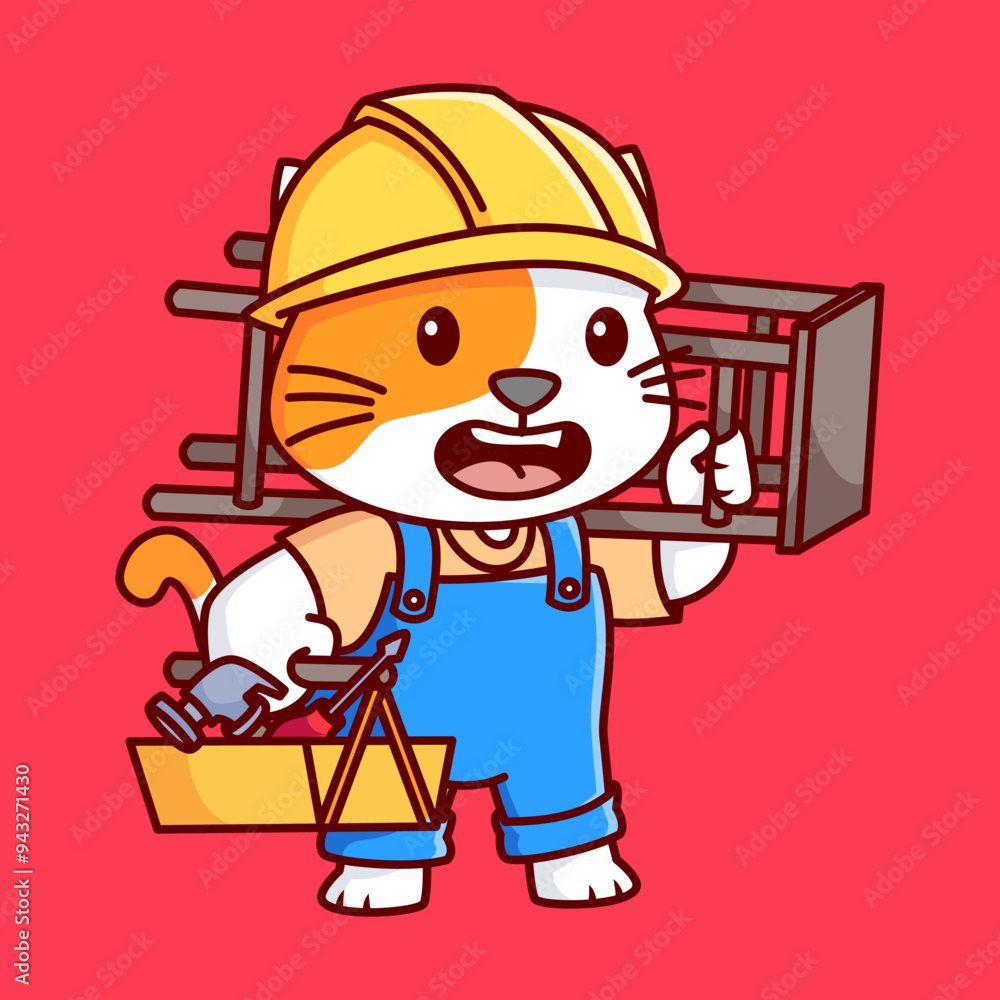 cute handyman cat holds the ladder Vector Illustration Icon. Flat Cartoon Style cute handyman cat holds the ladder Vector Illustration Icon. Flat Cartoon Style