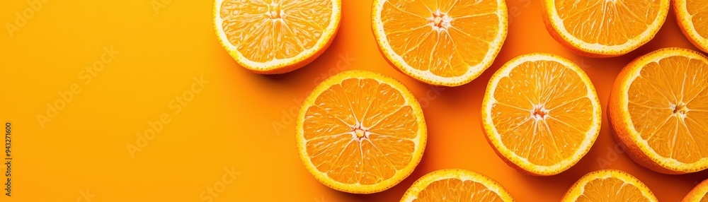 Bright Sliced Oranges on Vibrant Orange Background in Artful Pattern Bright Sliced Oranges on Vibrant Orange Background in Artful Pattern