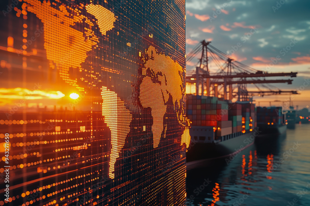 Fototapeta premium Digital trade interface with data streams, maps, and a port scene blending physical and digital worlds