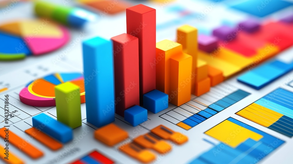 Colorful 3D bar charts and pie charts on a white background. Business and finance concept. Colorful 3D bar charts and pie charts on a white background. Business and finance concept.