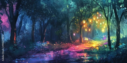 A mystical forest lit by glowing orbs.