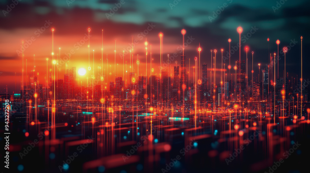 Obraz premium Digital trade interface with data streams, maps, and a port scene blending physical and digital worlds