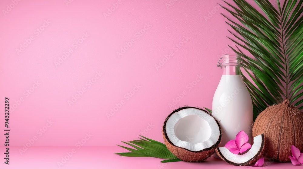 Coconuts with Coconut Milk and Palm Leaves on Pink Background Coconuts with Coconut Milk and Palm Leaves on Pink Background