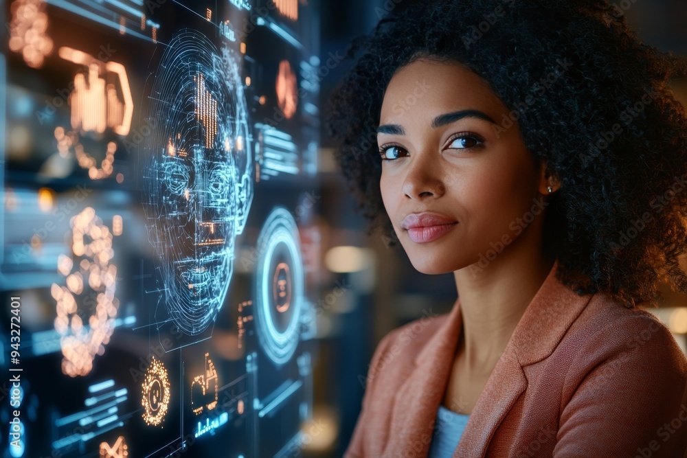 Focused Businesswoman Analyzing Futuristic Data Visualization on a Transparent Digital Interface. Focused Businesswoman Analyzing Futuristic Data Visualization on a Transparent Digital Interface.