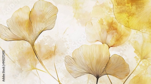 Abstract watercolor art background vector. Gingko and botanical line art wallpaper. Luxury cover design with text, golden texture and beautiful brush style