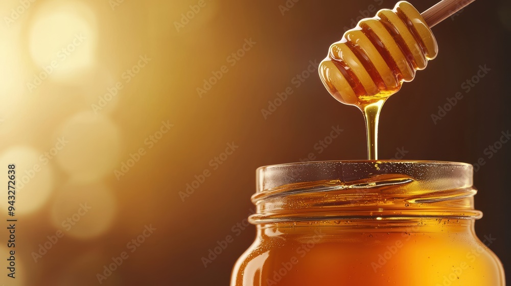 Golden Honey Dripping from Dipper into Jar with Warm Light in Background Golden Honey Dripping from Dipper into Jar with Warm Light in Background