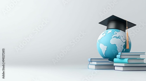 Global Education Concept with 3D Globe, Books, and Graduation Cap on Copy Space Background photo