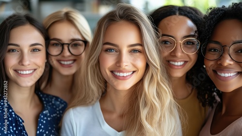 Diverse african american and caucasian model looking women portrait in the office smiling at camera with toothy smile as diversity and inclusivity concept