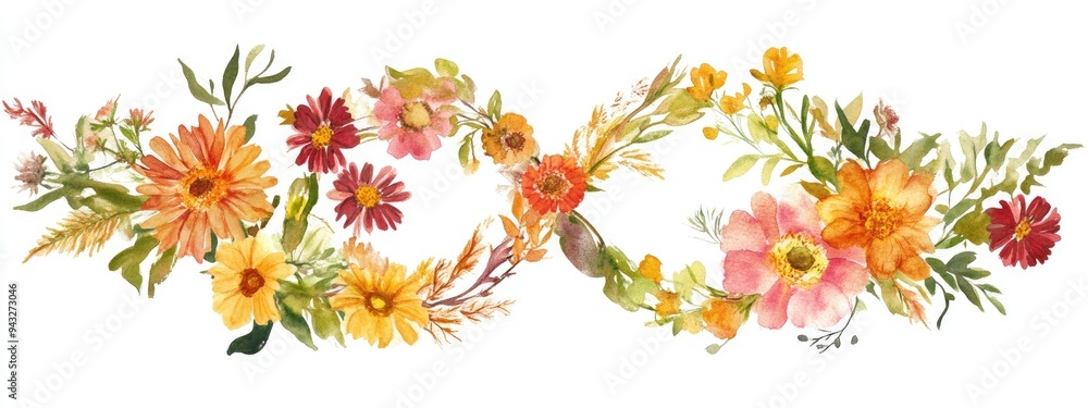 Obraz premium Watercolor depiction of wildflowers in a figure eight shape Celebratory card for International Women s Day featuring warm feminine blossoms
