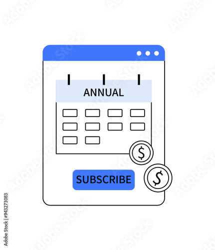Calendar with annual subscription and coins representing payment plans, subscription services, billing cycles, and financial management in business software contexts.