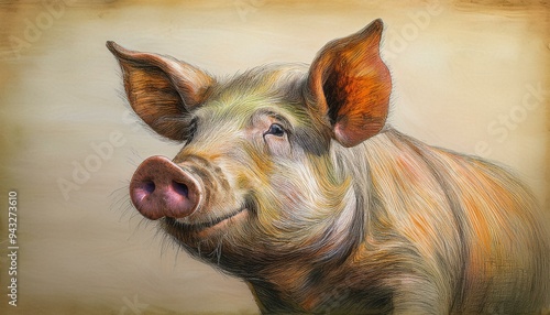 Retro Pig Portrait Pencil Sketch, Profile View