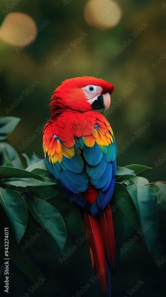 Colorful parrot perched on branch in lush green tropical forest with blurred bokeh lights background Colorful parrot perched on branch in lush green tropical forest with blurred bokeh lights background