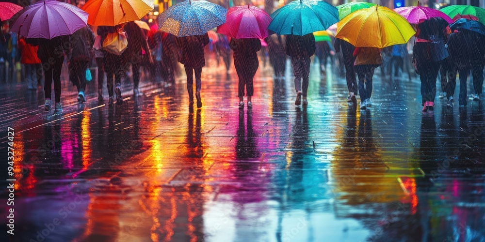 Obraz premium People walking under colorful umbrellas in the rain.