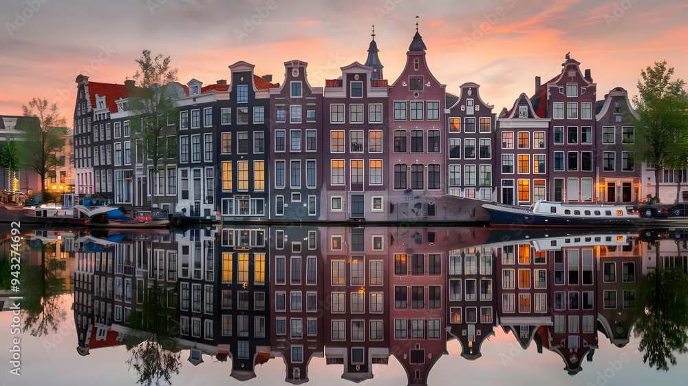 Fototapeta premium Amsterdam, Netherlands. Panorama of the historic city center of Amsterdam. Traditional houses and bridges of Amsterdam small town. A romantic evening and a bright reflection of houses in the water.
